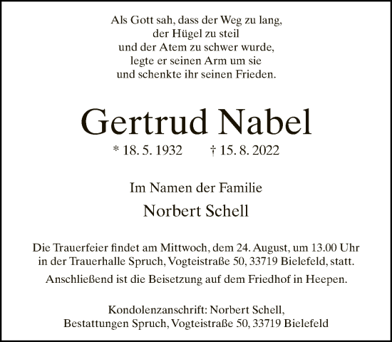 Traueranzeige von Gertrud Nabel von Neue Westfälische