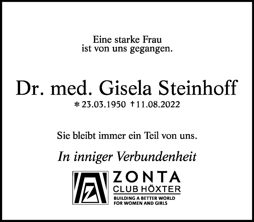  Traueranzeige für Gisela Steinhoff vom 17.08.2022 aus Neue Westfälische