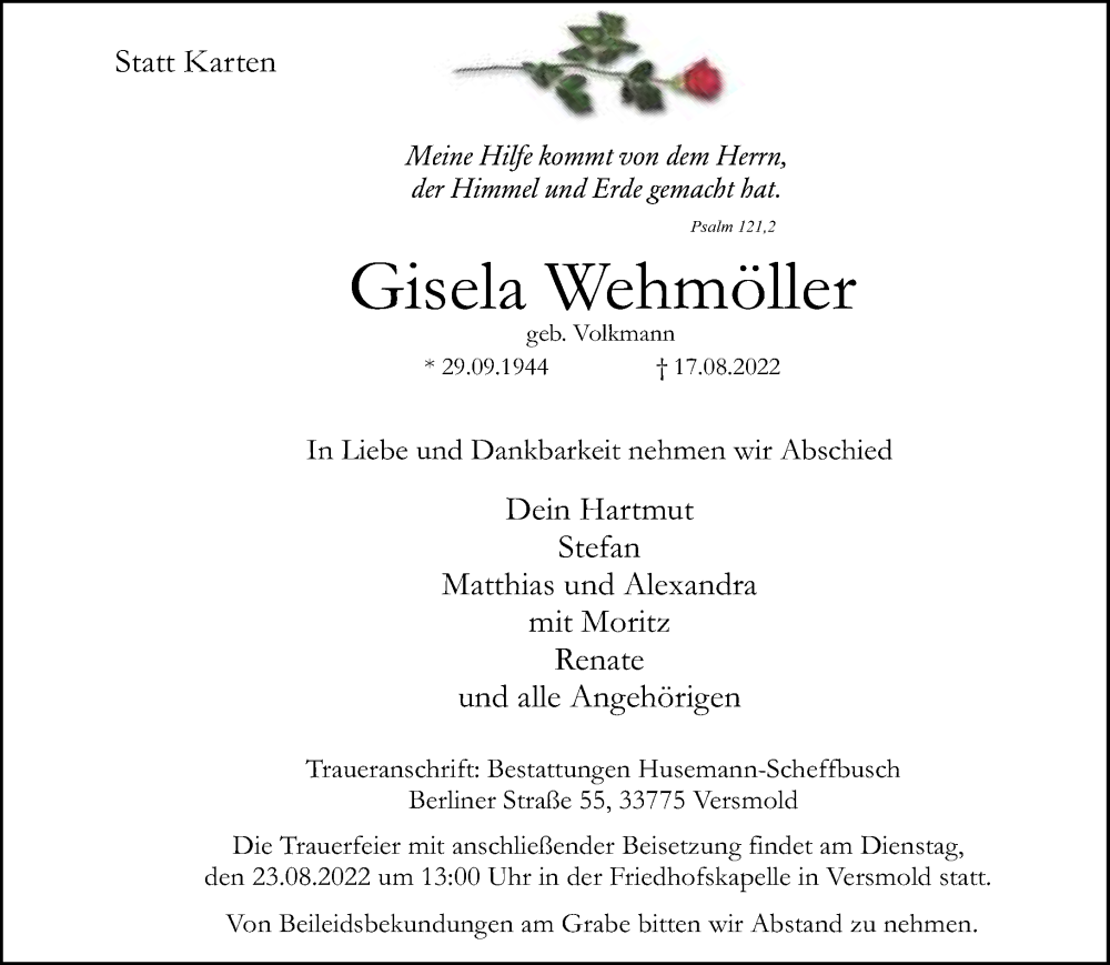  Traueranzeige für Gisela Wehmöller vom 20.08.2022 aus Neue Westfälische