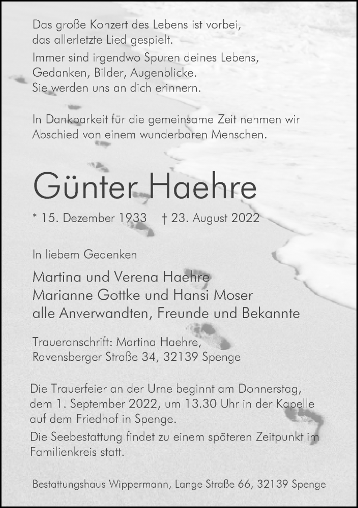  Traueranzeige für Günter Haehre vom 27.08.2022 aus Neue Westfälische