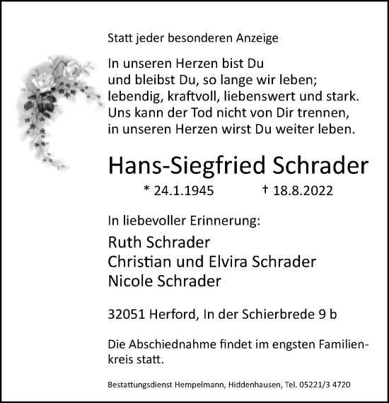 Traueranzeige von Hans-Siegfried Schrader von Neue Westfälische