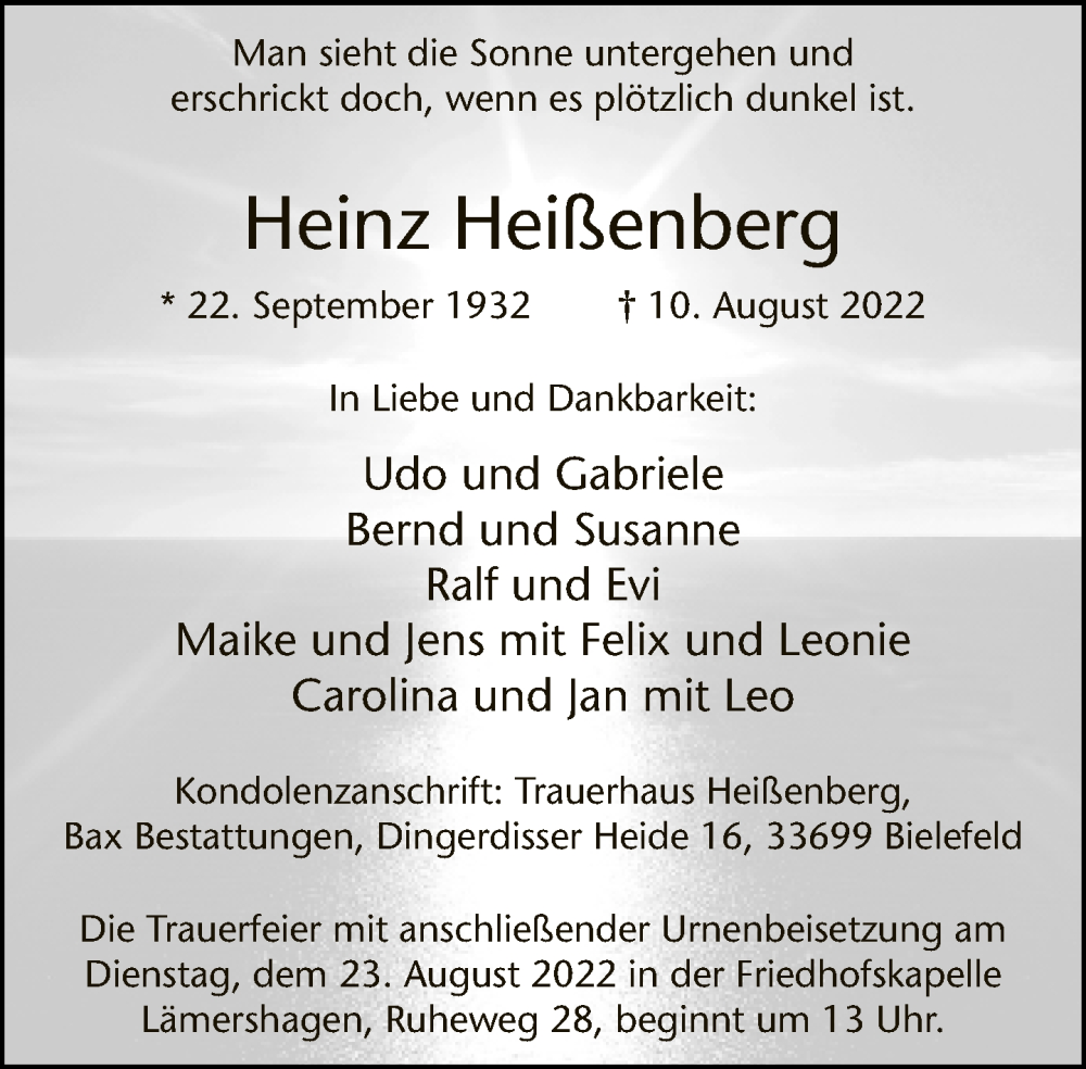  Traueranzeige für Heinz Heißenberg vom 13.08.2022 aus Neue Westfälische