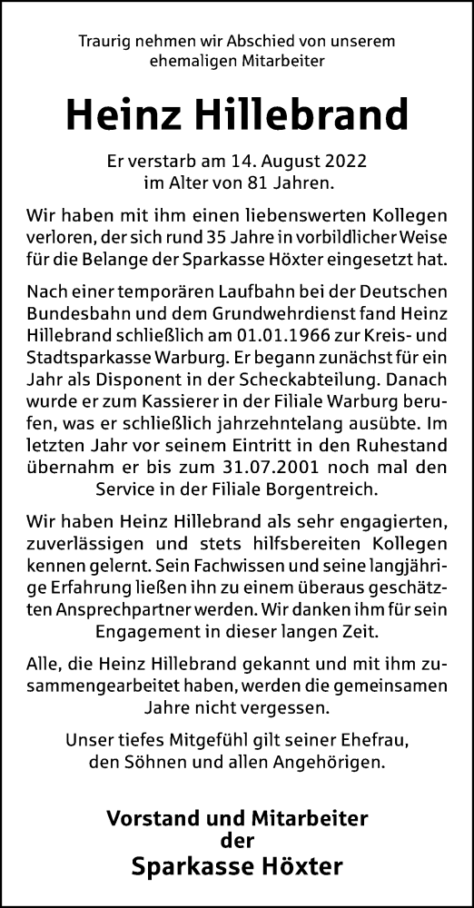 Traueranzeige von Heinz Hillebrand von Neue Westfälische