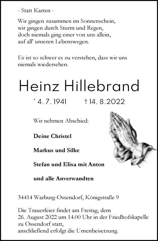 Traueranzeige von Heinz Hillebrand von Neue Westfälische