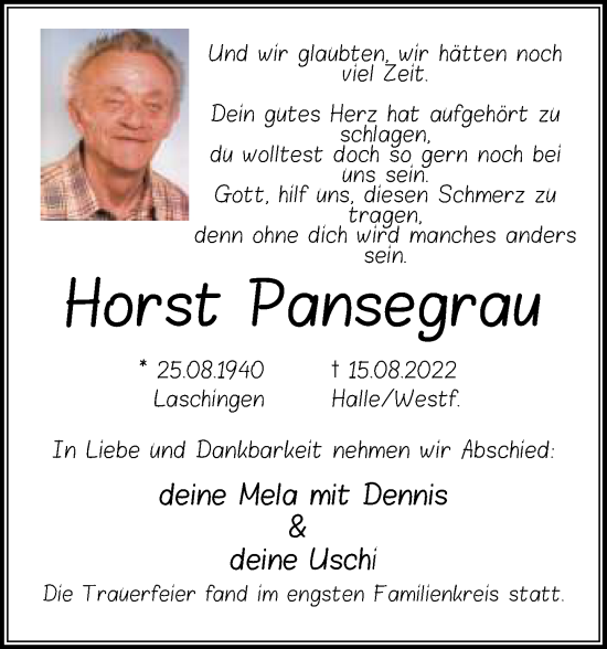 Traueranzeige von Horst Pansegrau von Neue Westfälische