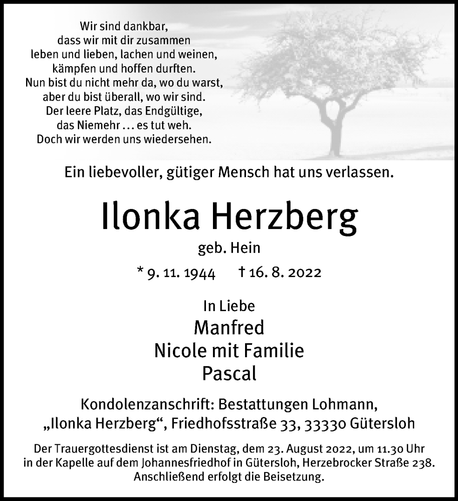  Traueranzeige für Ilonka Herzberg vom 19.08.2022 aus Neue Westfälische