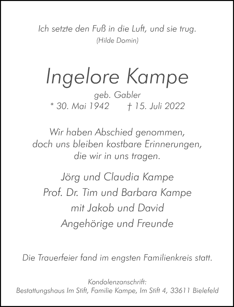  Traueranzeige für Ingelore Kampe vom 13.08.2022 aus Neue Westfälische