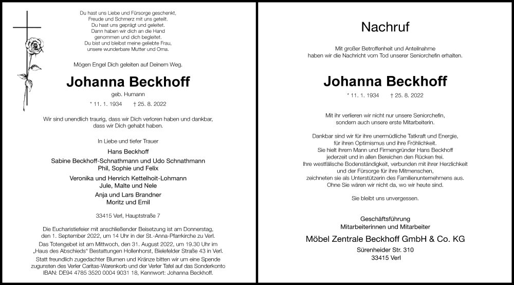  Traueranzeige für Johanna Beckhoff vom 30.08.2022 aus Neue Westfälische
