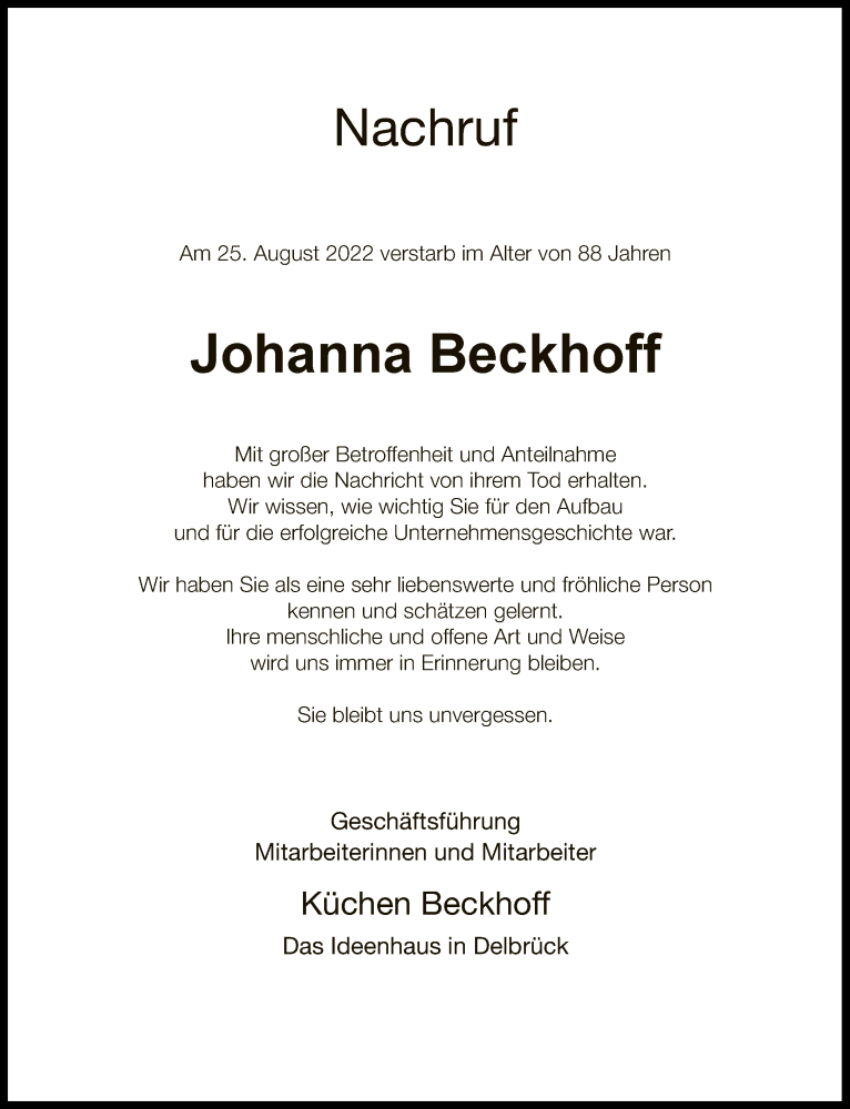  Traueranzeige für Johanna Beckhoff vom 31.08.2022 aus Neue Westfälische