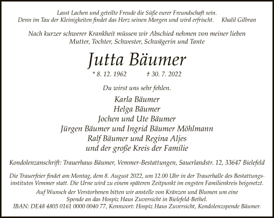 Traueranzeige von Jutta Bäumer von Neue Westfälische