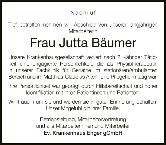 Traueranzeige von Jutta Bäumer von Neue Westfälische