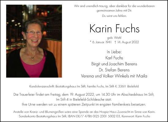 Traueranzeige von Karin Fuchs von Neue Westfälische
