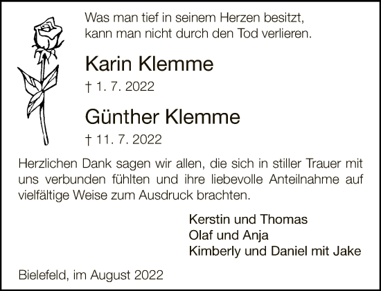 Traueranzeige von Karin und Günther Klemme