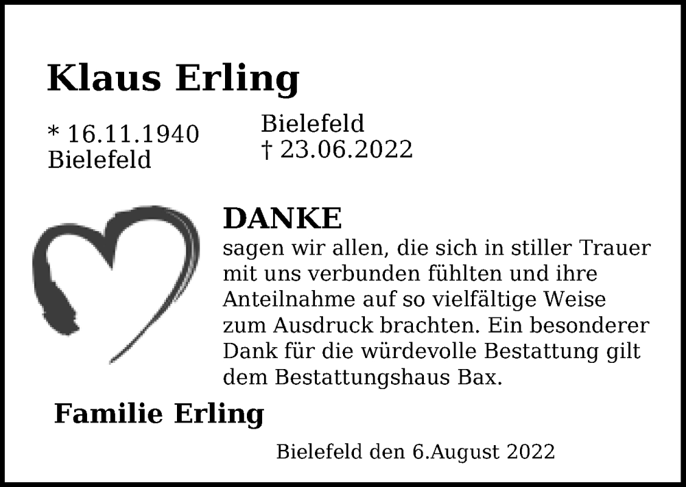  Traueranzeige für Klaus Erling vom 06.08.2022 aus Neue Westfälische