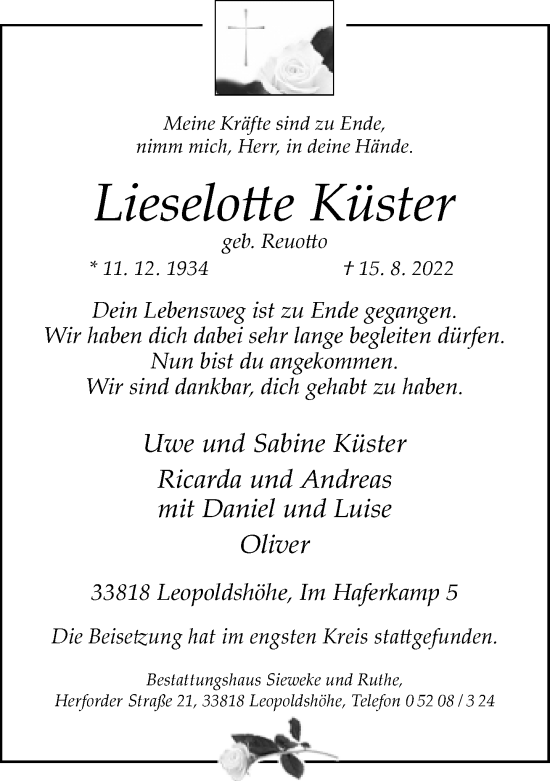 Traueranzeige von Lieselotte Küster