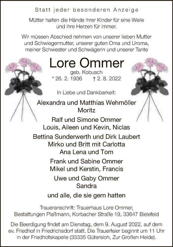  Traueranzeige für Lore Ommer vom 06.08.2022 aus Neue Westfälische