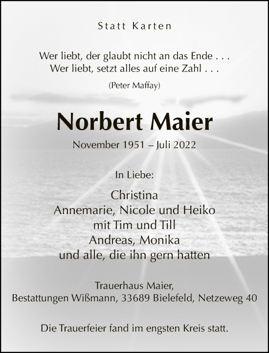 Traueranzeige von Norbert Maier von Neue Westfälische