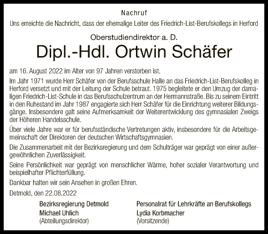 Traueranzeige von Ortwin Schäfer von Neue Westfälische