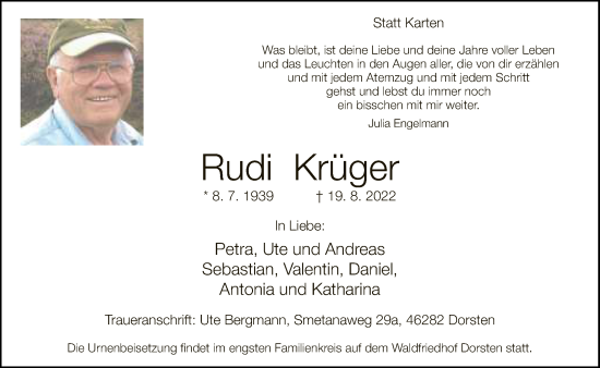 Traueranzeige von Rudi Krüger von Neue Westfälische
