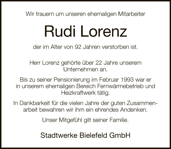 Traueranzeige von Rudi Lorenz von Neue Westfälische