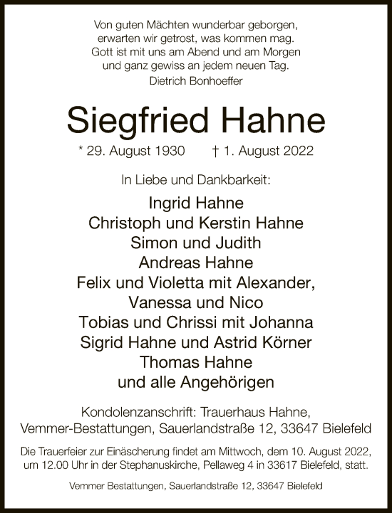 Traueranzeige von Siegfried Hahne von Neue Westfälische