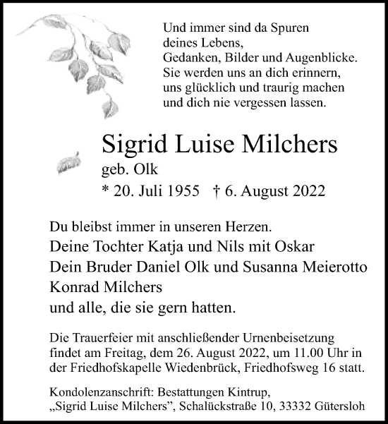 Traueranzeige von Sigrid Luise Milchers von Neue Westfälische