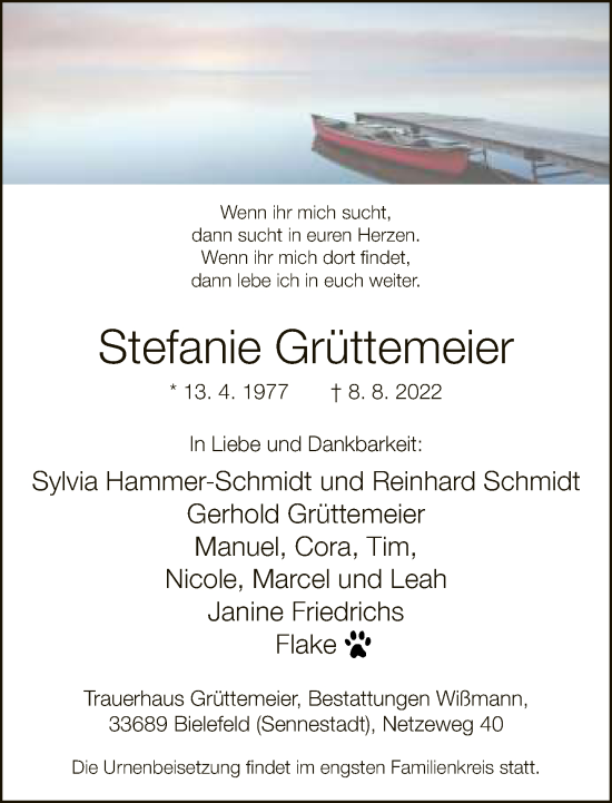 Traueranzeige von Stefanie Grüttemeier von Neue Westfälische