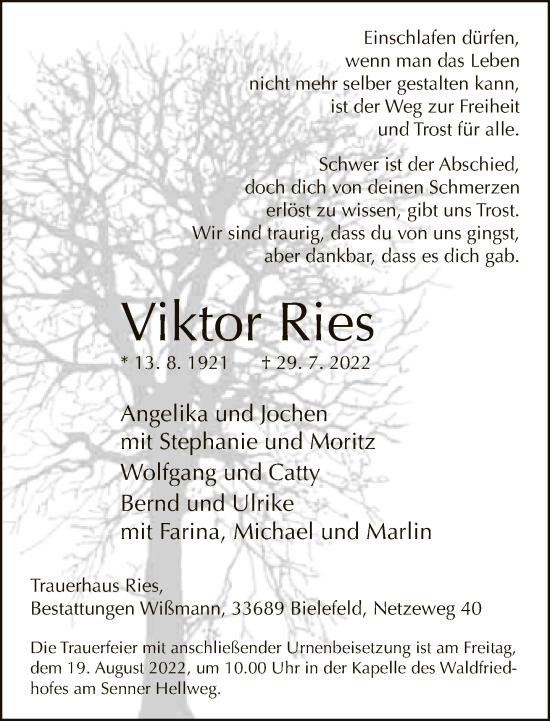 Traueranzeige von Viktor Ries von Neue Westfälische
