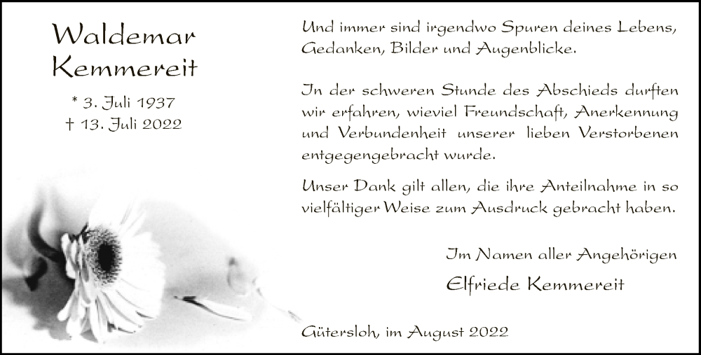  Traueranzeige für Waldemar Kemmereit vom 20.08.2022 aus Neue Westfälische