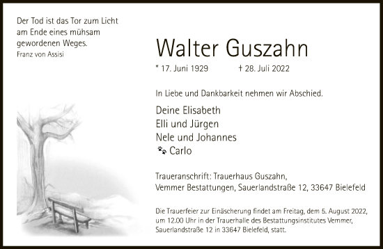 Traueranzeige von Walter Guszahn von Neue Westfälische
