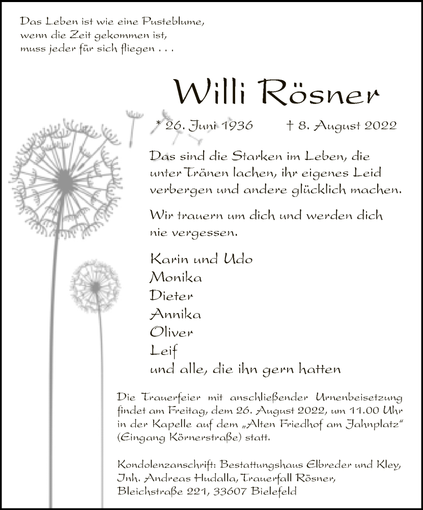  Traueranzeige für Willi Rösner vom 20.08.2022 aus Neue Westfälische