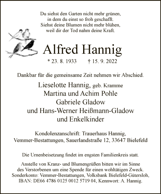 Traueranzeige von Alfred Hannig von Neue Westfälische