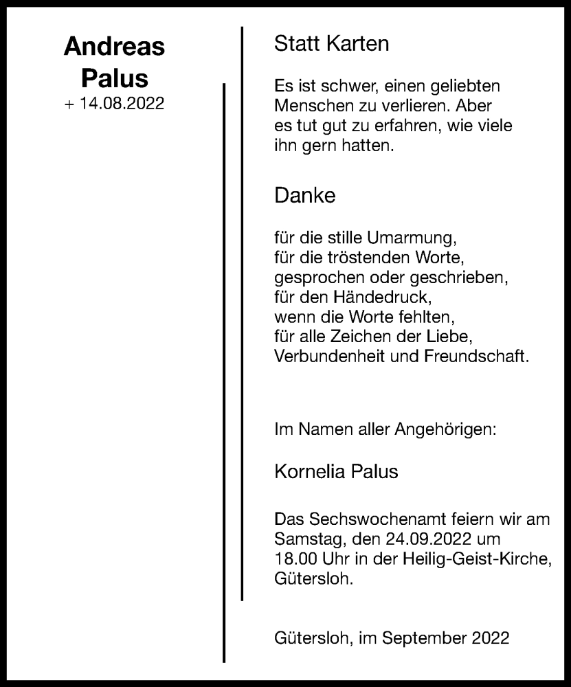  Traueranzeige für Andreas Palus vom 17.09.2022 aus Neue Westfälische