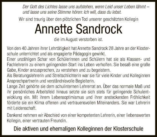 Traueranzeige von Annette Sandrock von Neue Westfälische