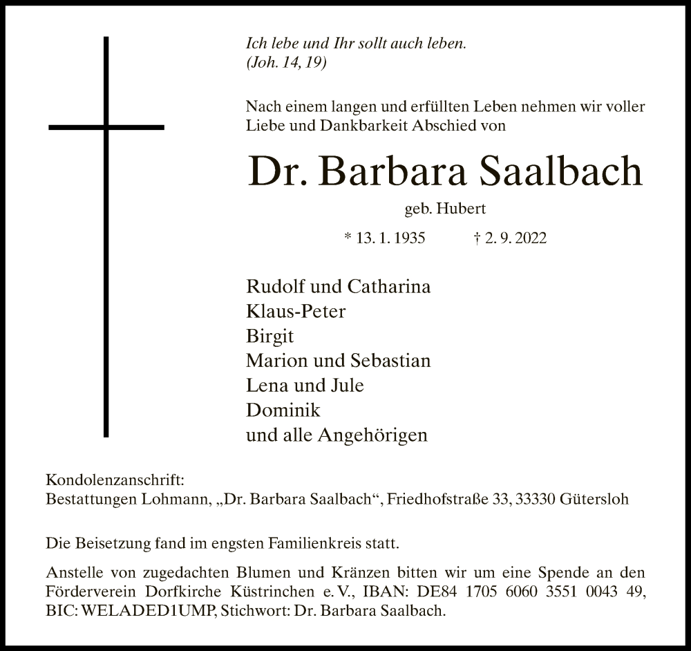  Traueranzeige für Barbara Saalbach vom 24.09.2022 aus Neue Westfälische