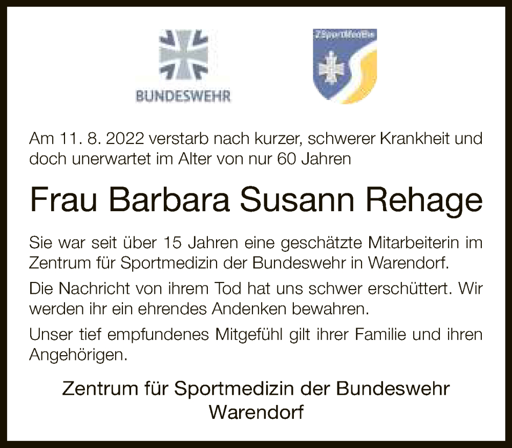  Traueranzeige für Barbara Susann Rehage vom 02.09.2022 aus Neue Westfälische