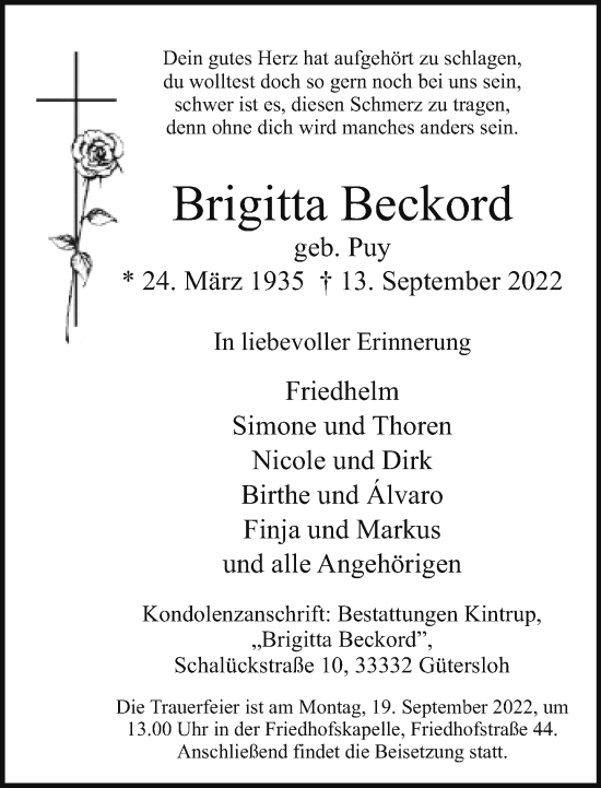 Traueranzeige von Brigitta Beckord von Neue Westfälische
