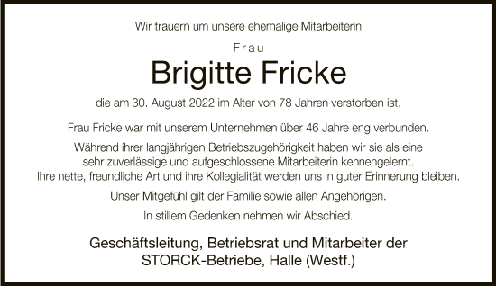 Traueranzeige von Brigitte Fricke von Neue Westfälische