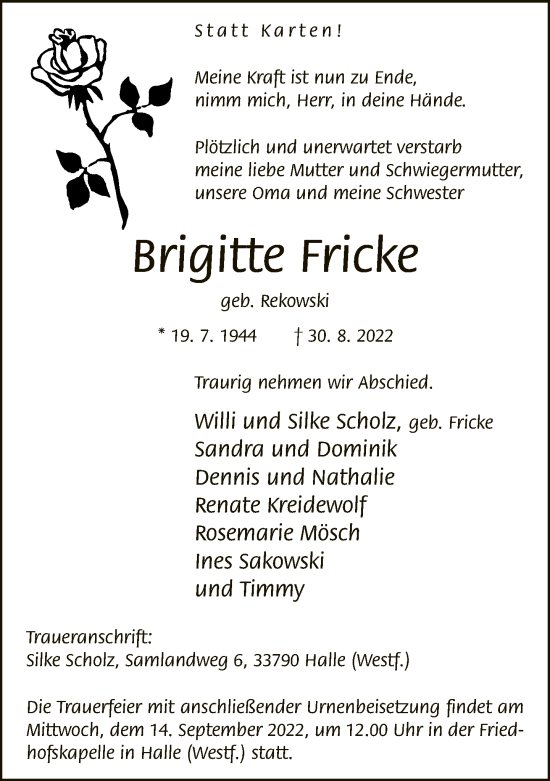 Traueranzeige von Brigitte Fricke von Neue Westfälische