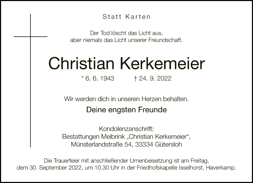  Traueranzeige für Christian Kerkemeier vom 28.09.2022 aus Neue Westfälische