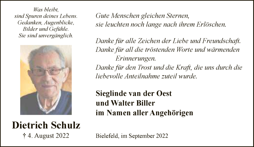  Traueranzeige für Dietrich Schulz vom 10.09.2022 aus Neue Westfälische