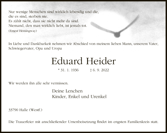 Traueranzeige von Eduard Heider von Neue Westfälische