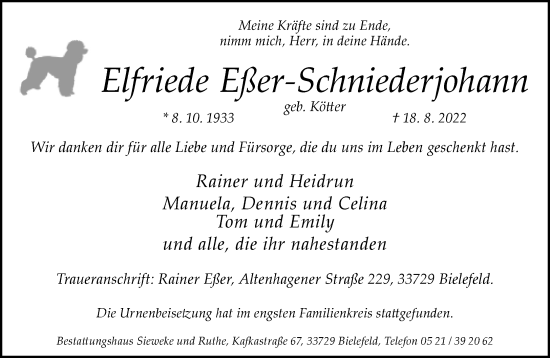 Traueranzeige von Elfriede Eßer-Schniederjohann