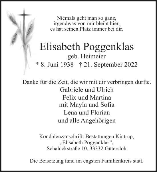 Traueranzeige von Elisabeth Poggenklas von Neue Westfälische
