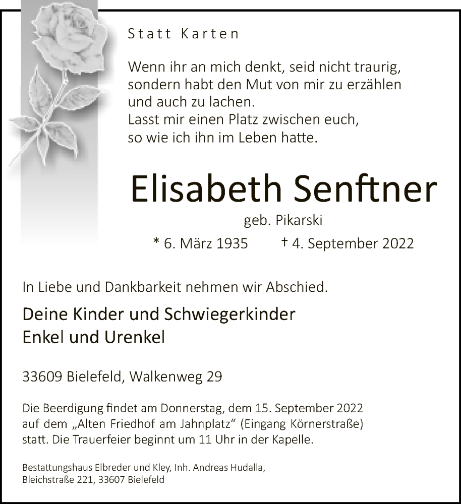  Traueranzeige für Elisabeth Senftner vom 10.09.2022 aus Neue Westfälische