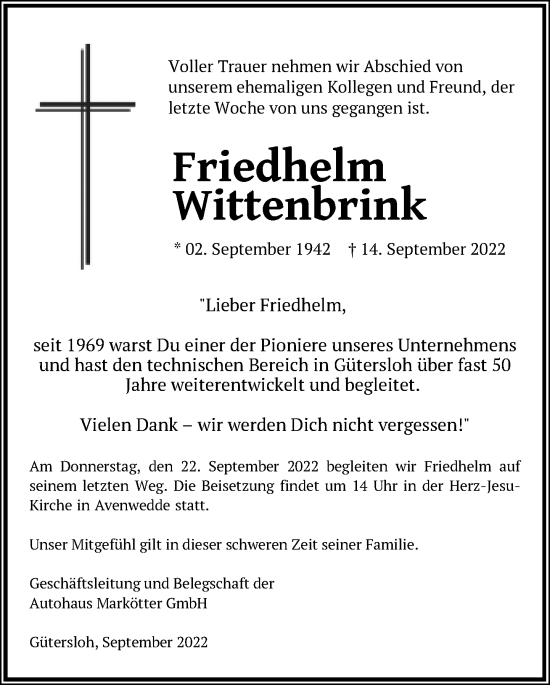Traueranzeige von Friedhelm Wittenbrink von Neue Westfälische