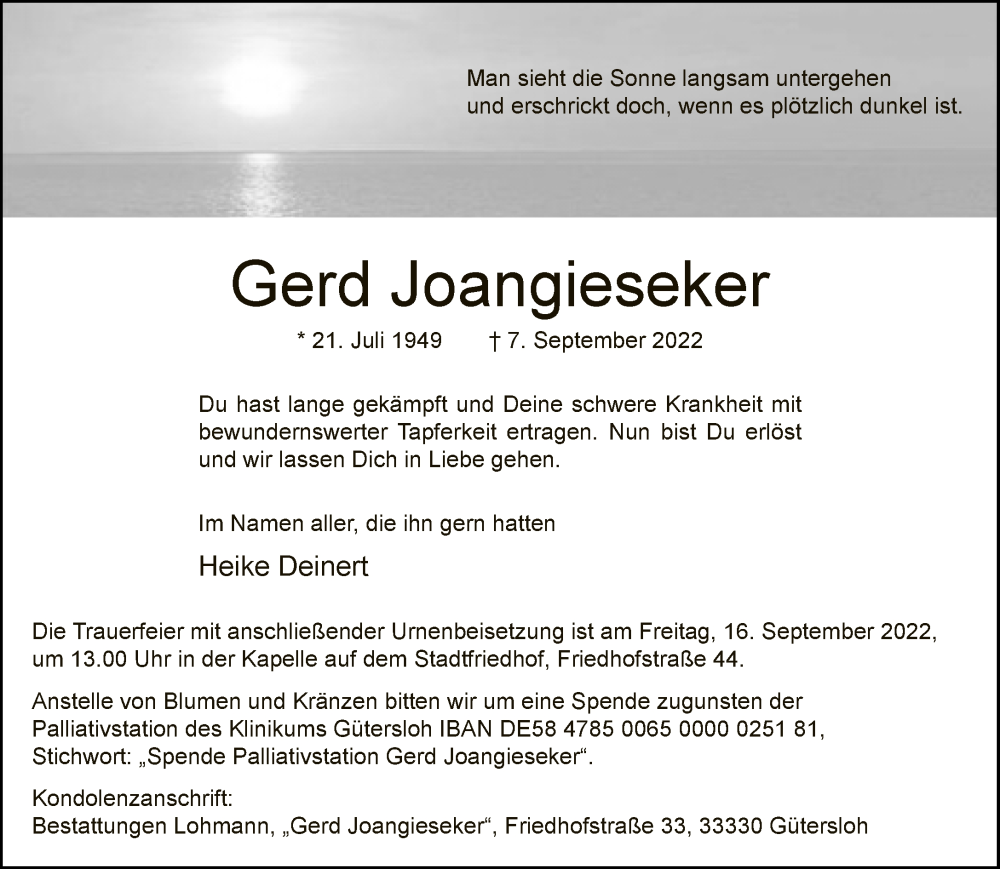  Traueranzeige für Gerd Joangieseker vom 14.09.2022 aus Neue Westfälische