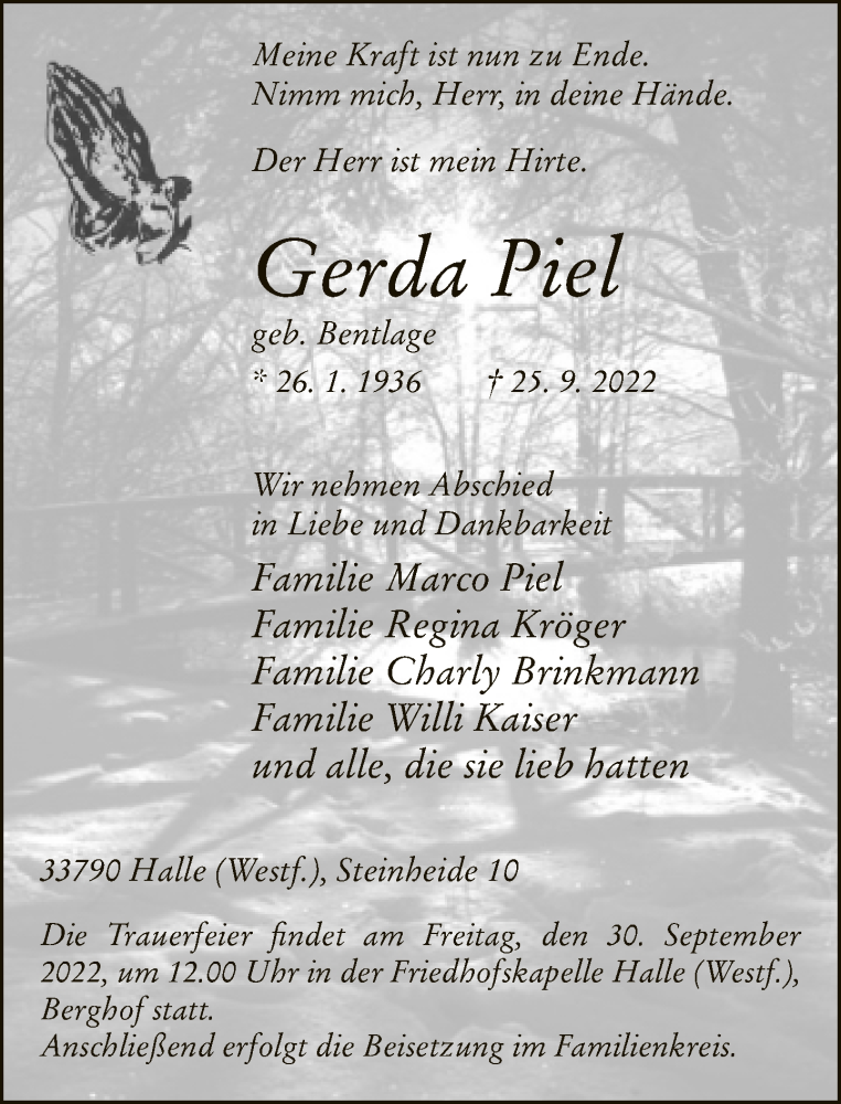  Traueranzeige für Gerda Piel vom 28.09.2022 aus Neue Westfälische