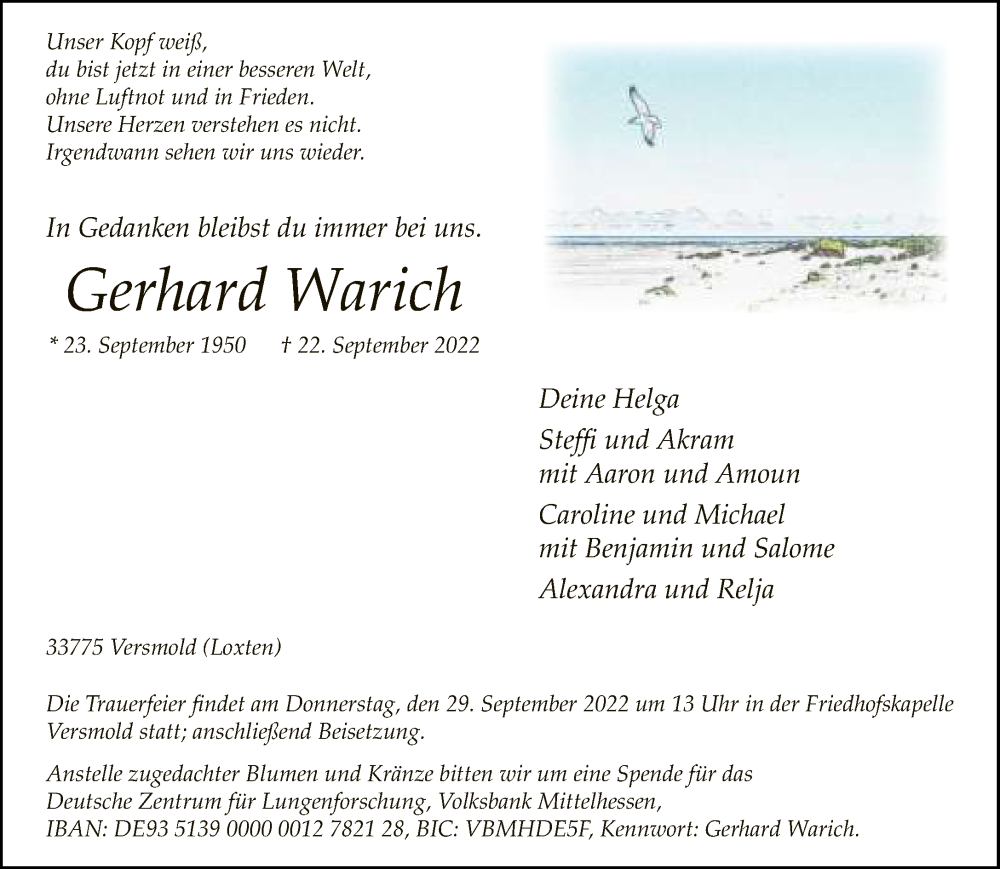  Traueranzeige für Gerhard Warich vom 24.09.2022 aus Neue Westfälische
