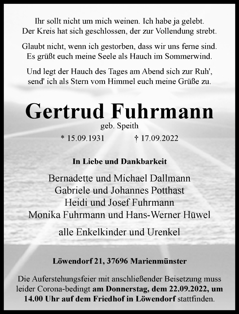  Traueranzeige für Gertrud Fuhrmann vom 20.09.2022 aus Neue Westfälische